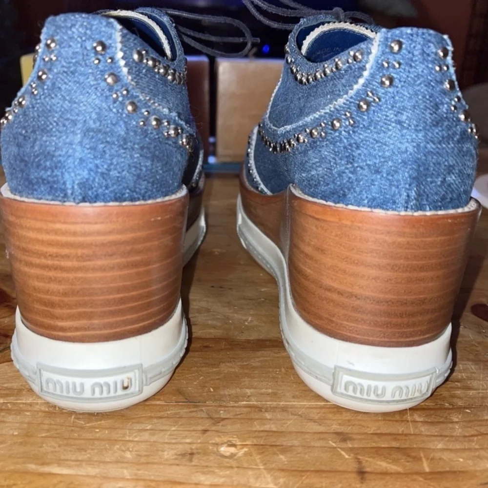 Miu Miu RARE DENIM PLATFORM Studded Wingtip Oxfords SNEAKERS  SHOES 7.5